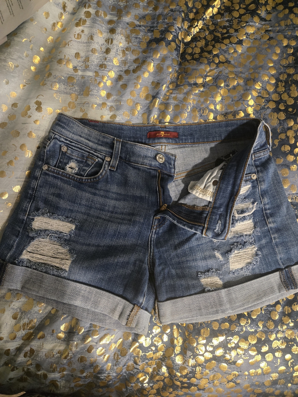 EUC 7 For All Mankind Distressed Medium Blue Cuffed Denim Shorts